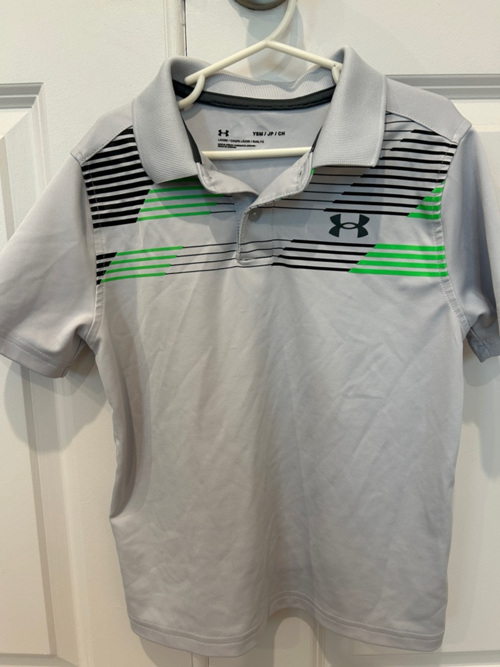Boys Under Armour golf Light Gray Polo with Neon Green & Black Stripes